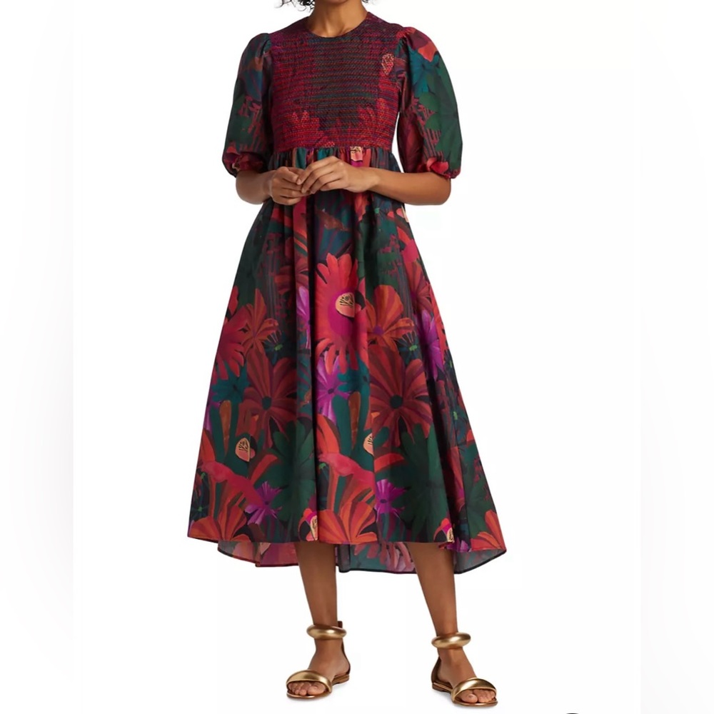 Farm Rio Bird Flowers Smocked Midi Dress XS